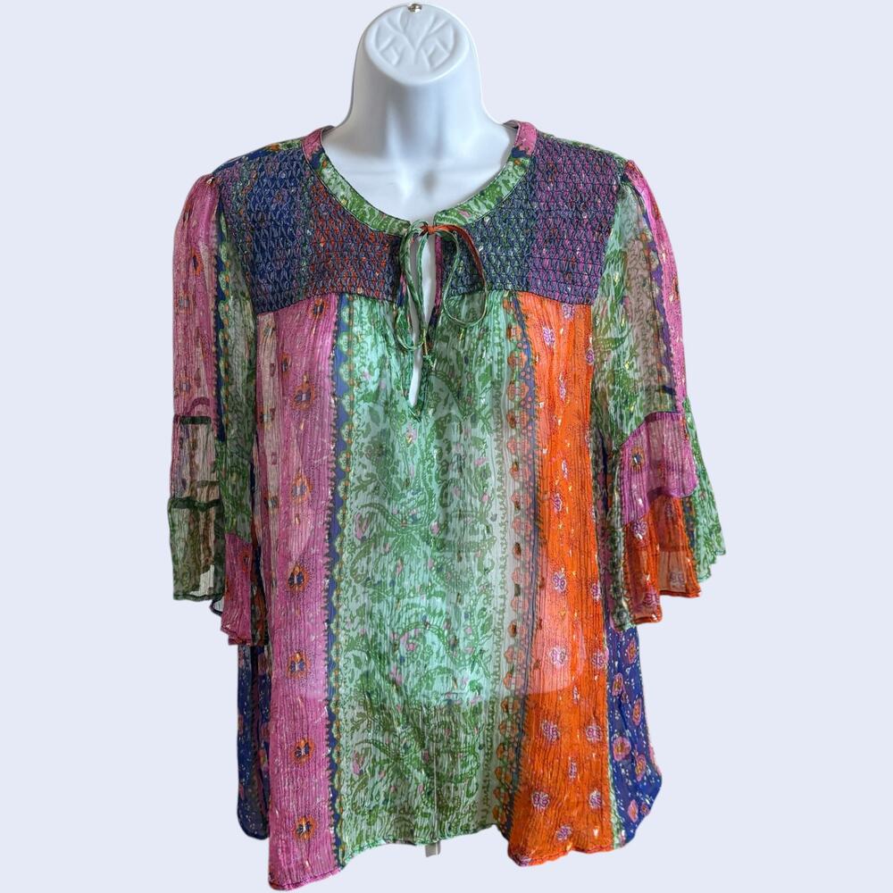 Anthropologie M Boho Patchwork Peasant Blouse Multicolor